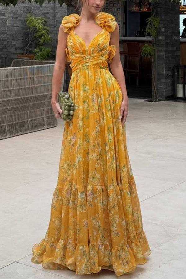 Sun-Drenched Yellow Ruffled Cutout Gown