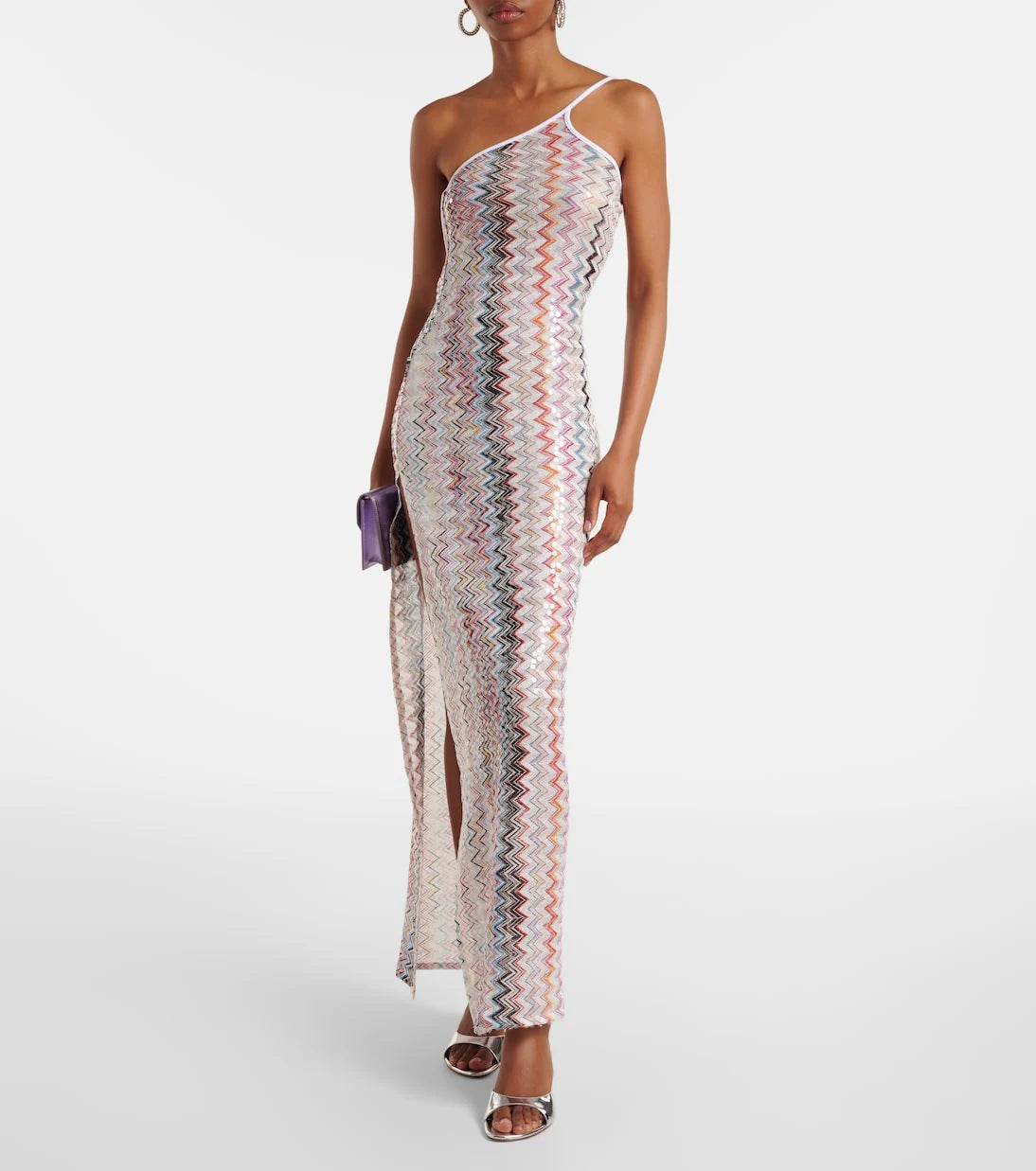 Metallic Chevron Sequin One-Shoulder Dress