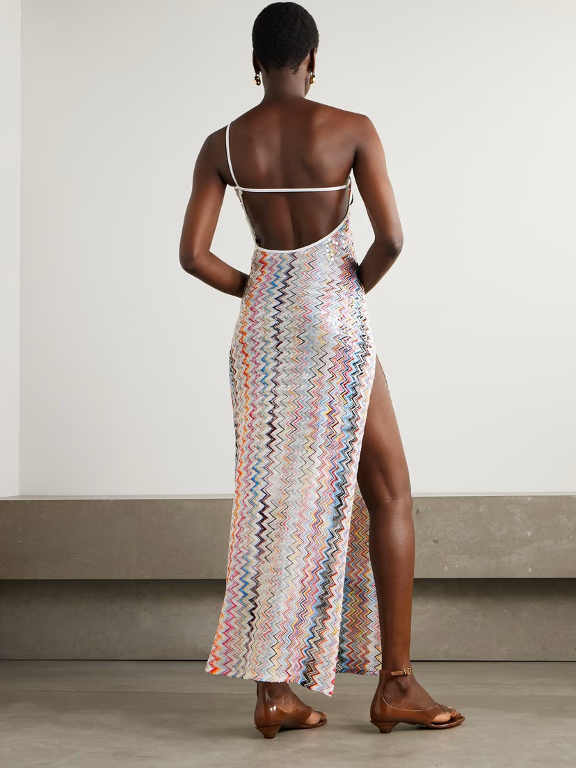 Metallic Chevron Sequin One-Shoulder Dress