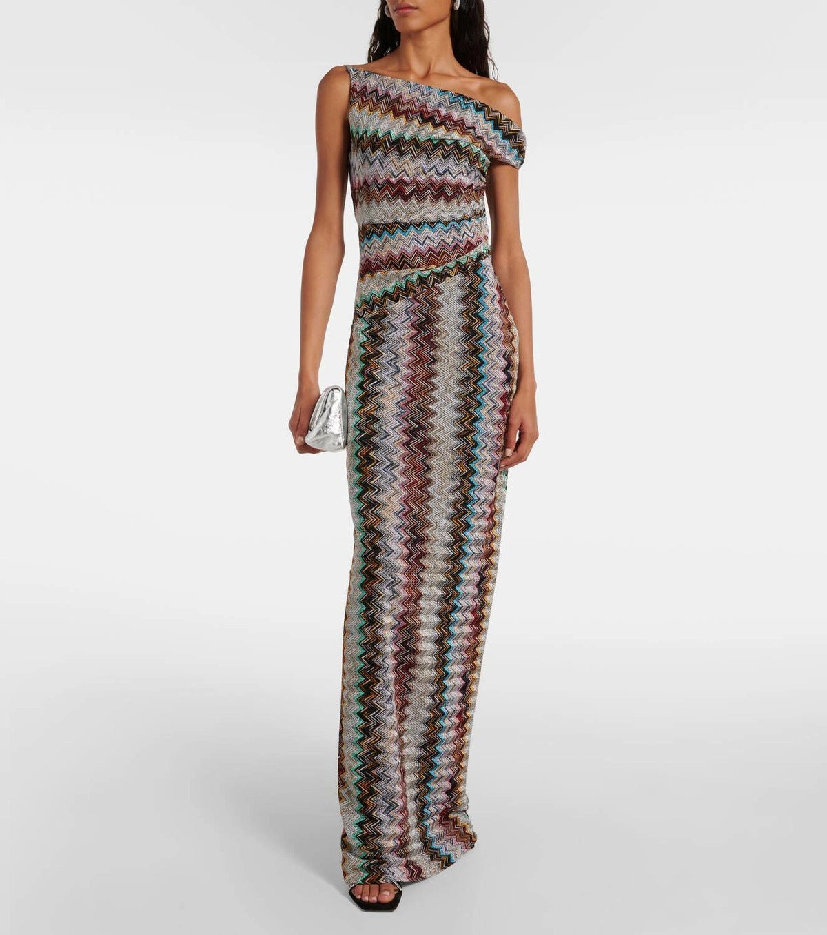 Chevron Metallic Knit Off-Shoulder Gown