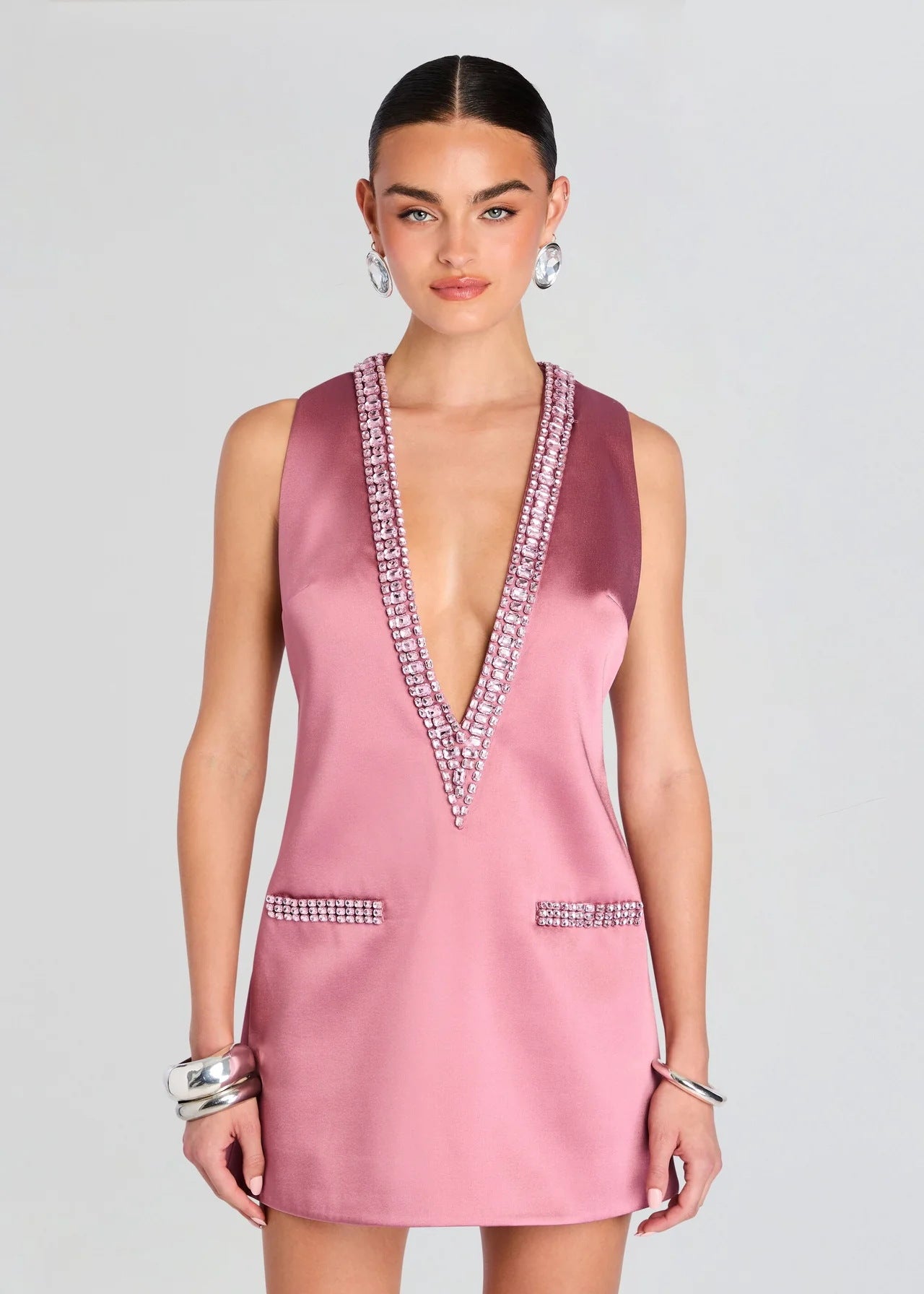 Crystal-Embellished Plunge Black Mini Dress