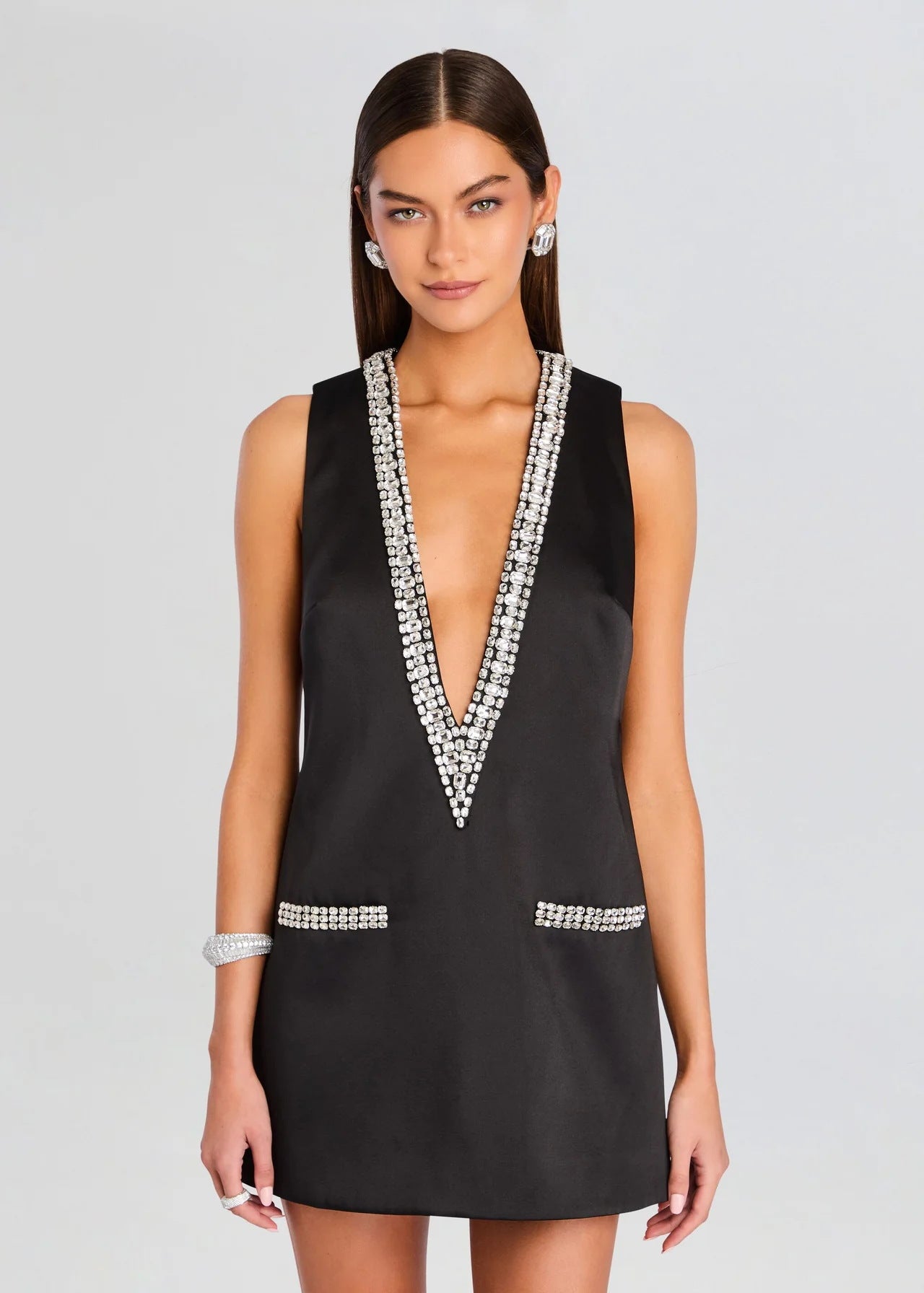 Crystal-Embellished Plunge Black Mini Dress