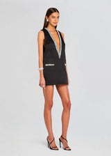 Crystal-Embellished Plunge Black Mini Dress
