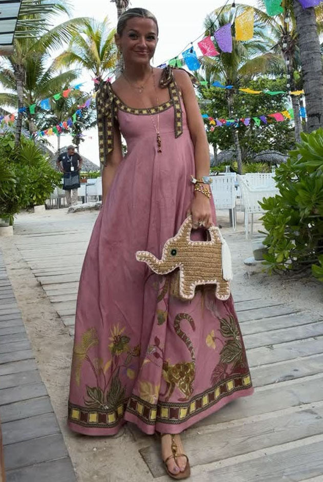 Rose Pink Floral Trim Chiffon Maxi Gown
