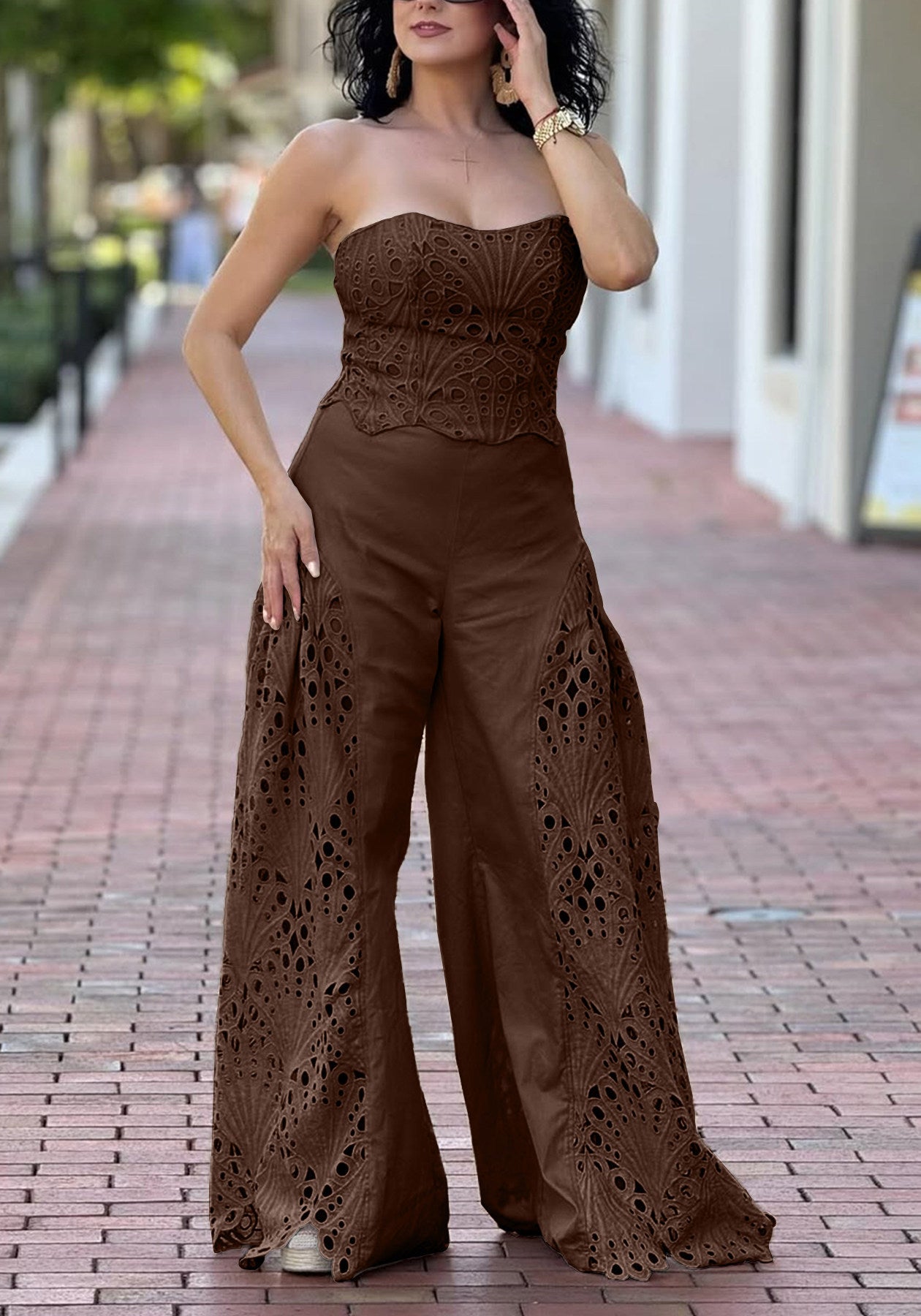 Women's 2-Piece Eyelet Lace Set – Strapless Bustier Crop Top & Matching Wide-Leg Pants