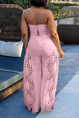 Women's 2-Piece Eyelet Lace Set – Strapless Bustier Crop Top & Matching Wide-Leg Pants