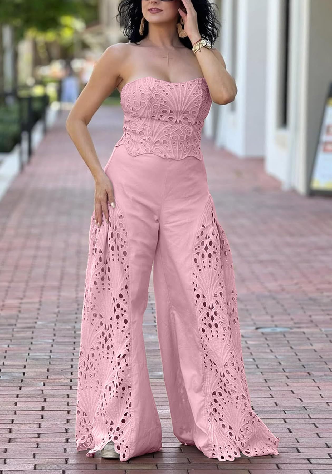 Women's 2-Piece Eyelet Lace Set – Strapless Bustier Crop Top & Matching Wide-Leg Pants