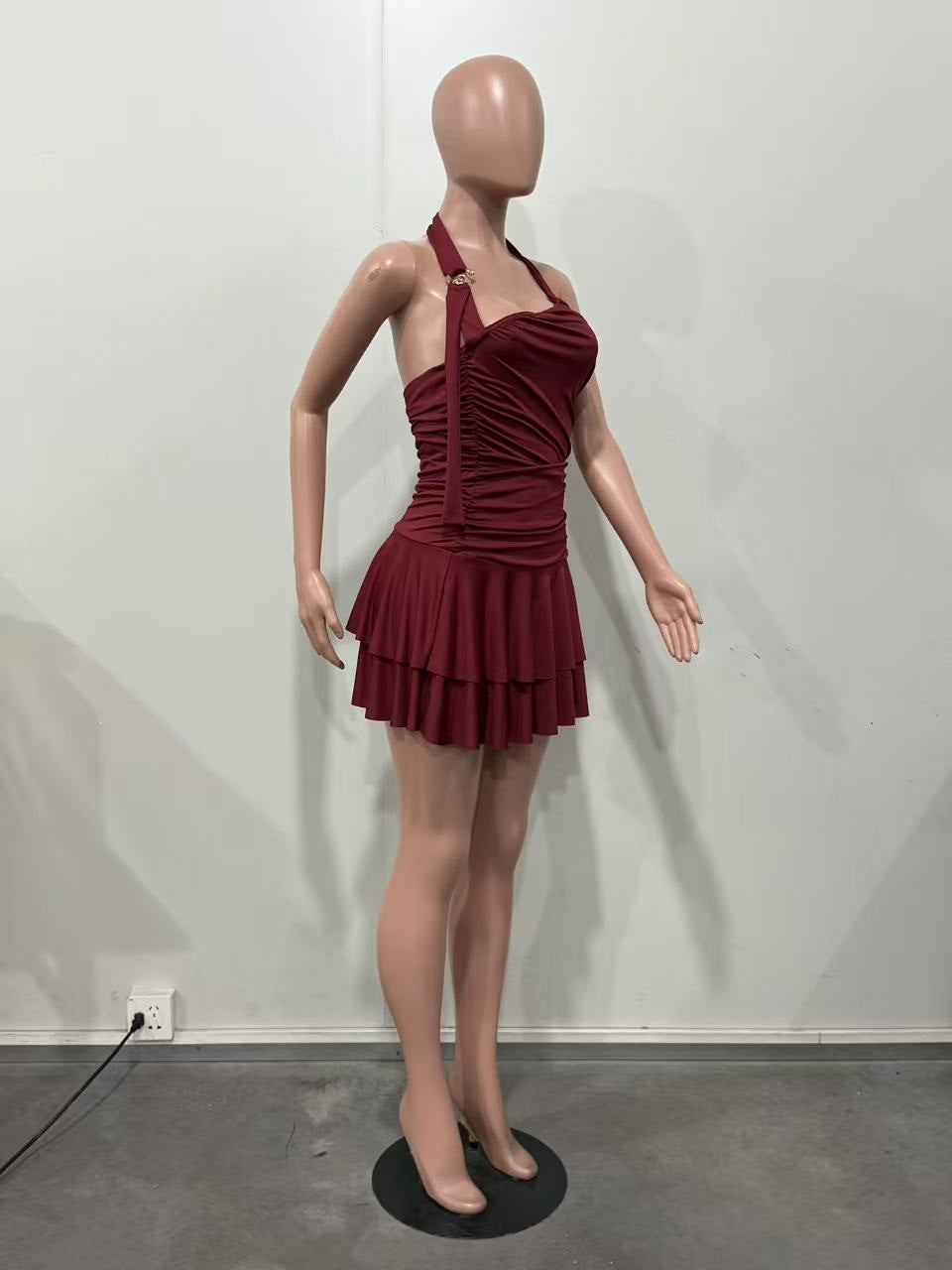 Sexy One-Shoulder Ruched Mini Dress – Tiered Flared Hem Bodycon Dress