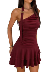 Sexy One-Shoulder Ruched Mini Dress – Tiered Flared Hem Bodycon Dress