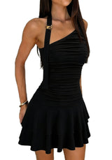 Sexy One-Shoulder Ruched Mini Dress – Tiered Flared Hem Bodycon Dress