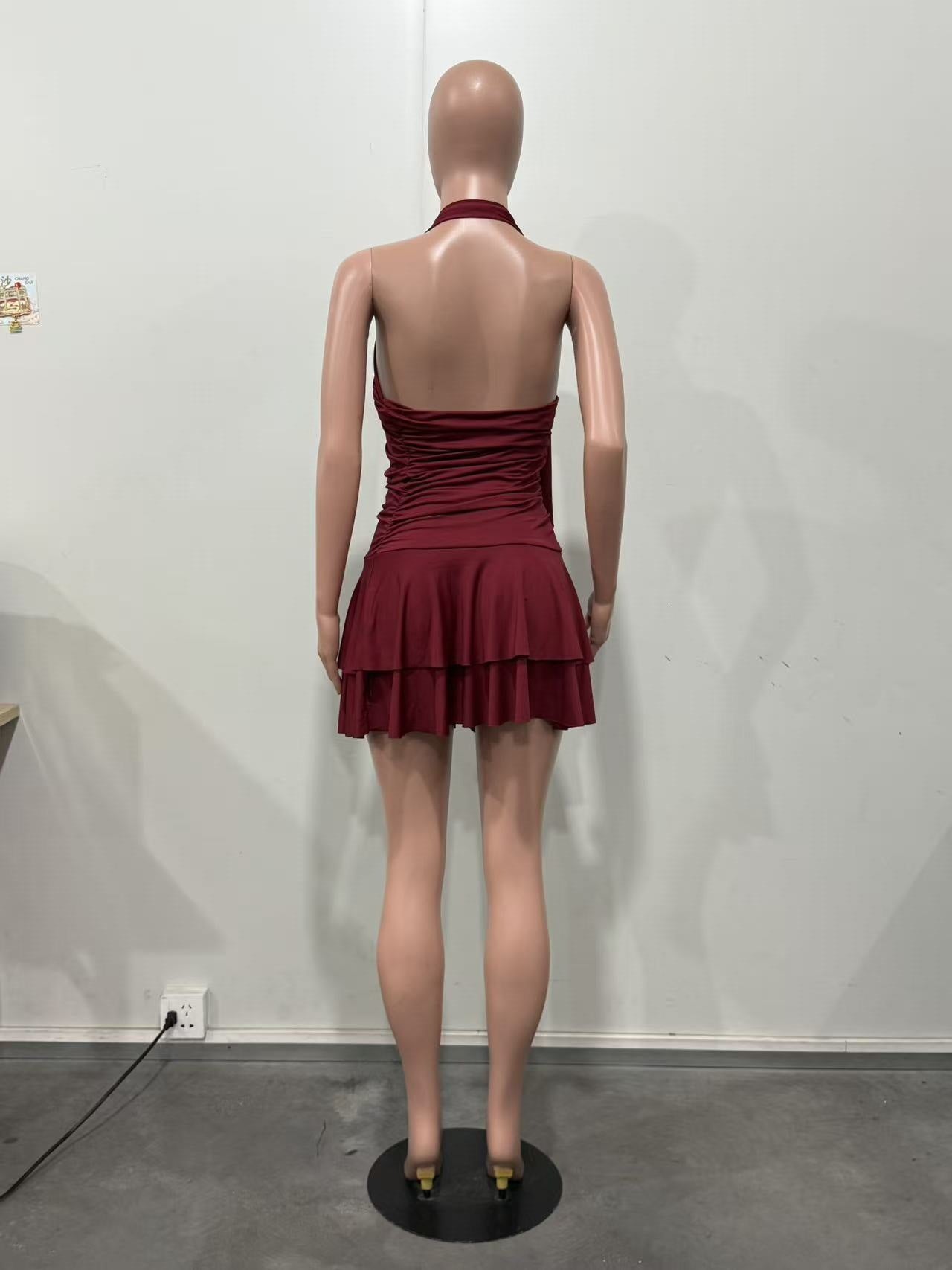 Sexy One-Shoulder Ruched Mini Dress – Tiered Flared Hem Bodycon Dress