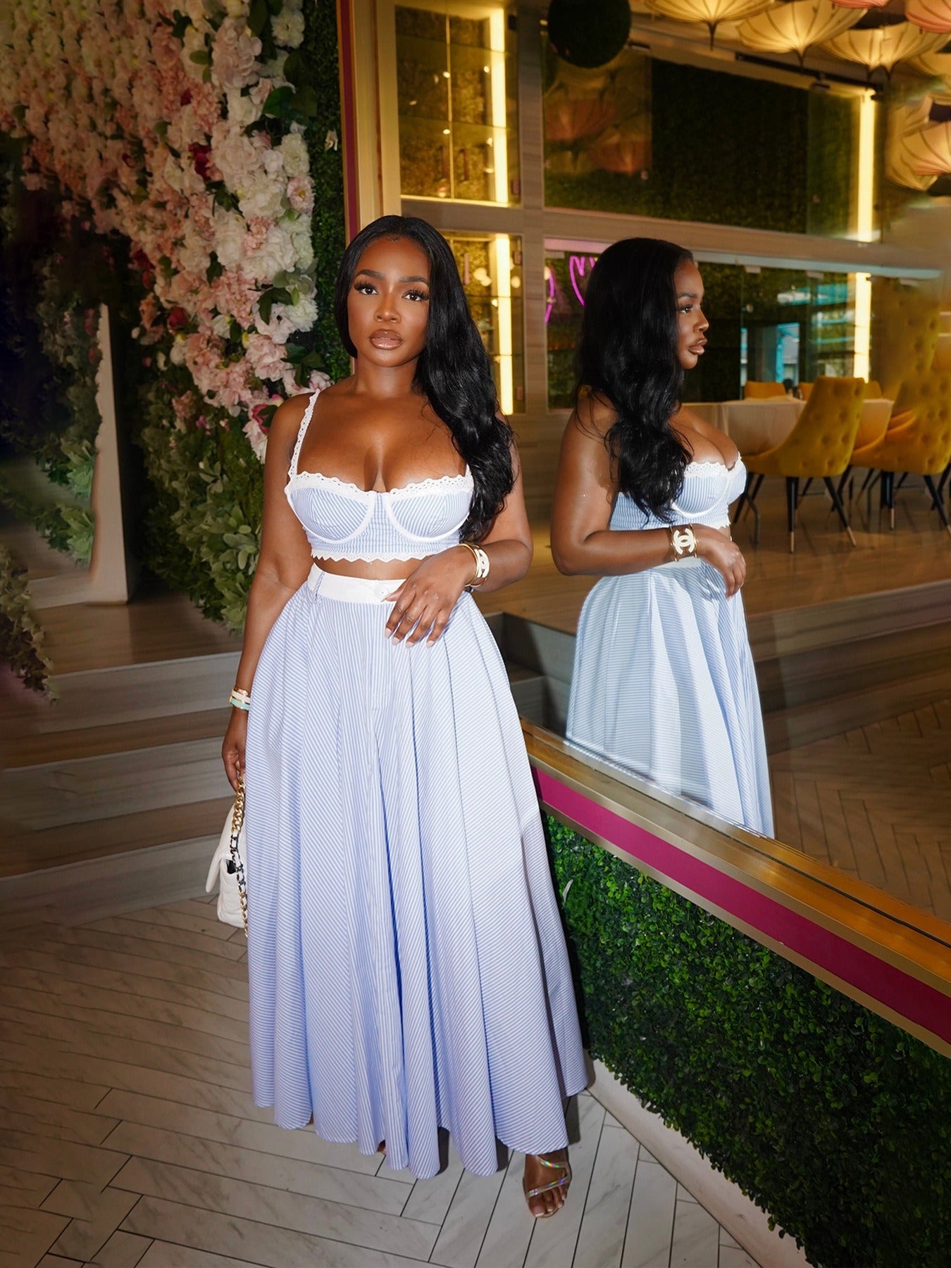 Women's Summer Pinstripe 2-Piece Set – Lace-Trim Bustier Crop Top & High-Waist Maxi Skirt