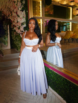 Women's Summer Pinstripe 2-Piece Set – Lace-Trim Bustier Crop Top & High-Waist Maxi Skirt