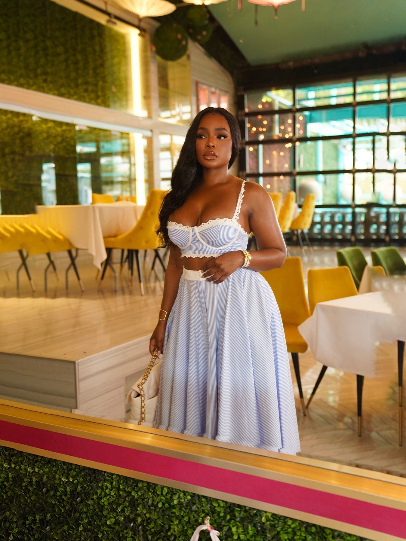 Women's Summer Pinstripe 2-Piece Set – Lace-Trim Bustier Crop Top & High-Waist Maxi Skirt