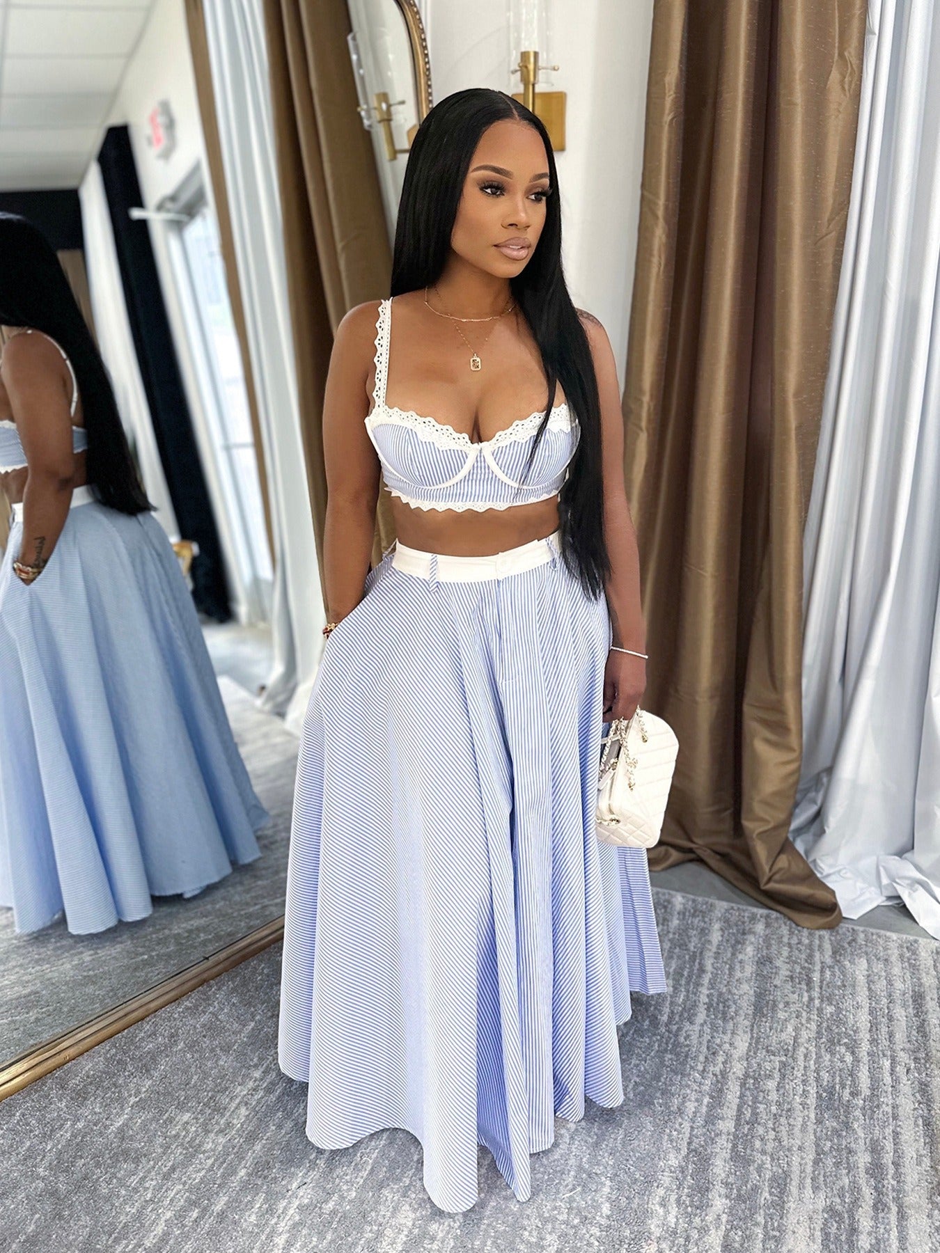Women's Summer Pinstripe 2-Piece Set – Lace-Trim Bustier Crop Top & High-Waist Maxi Skirt
