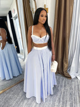 Women's Summer Pinstripe 2-Piece Set – Lace-Trim Bustier Crop Top & High-Waist Maxi Skirt