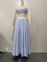 Women's Summer Pinstripe 2-Piece Set – Lace-Trim Bustier Crop Top & High-Waist Maxi Skirt
