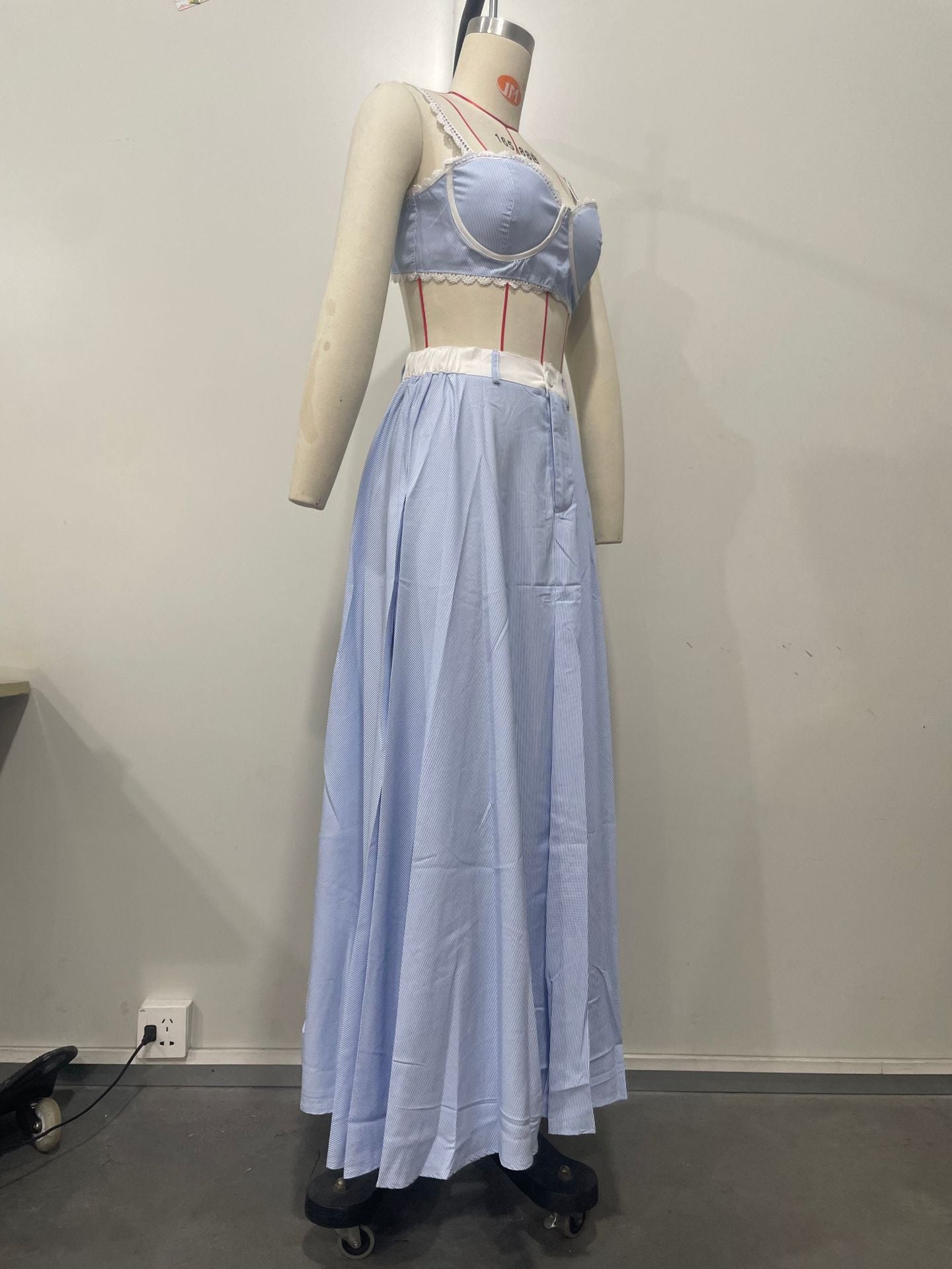 Women's Summer Pinstripe 2-Piece Set – Lace-Trim Bustier Crop Top & High-Waist Maxi Skirt