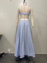 Women's Summer Pinstripe 2-Piece Set – Lace-Trim Bustier Crop Top & High-Waist Maxi Skirt