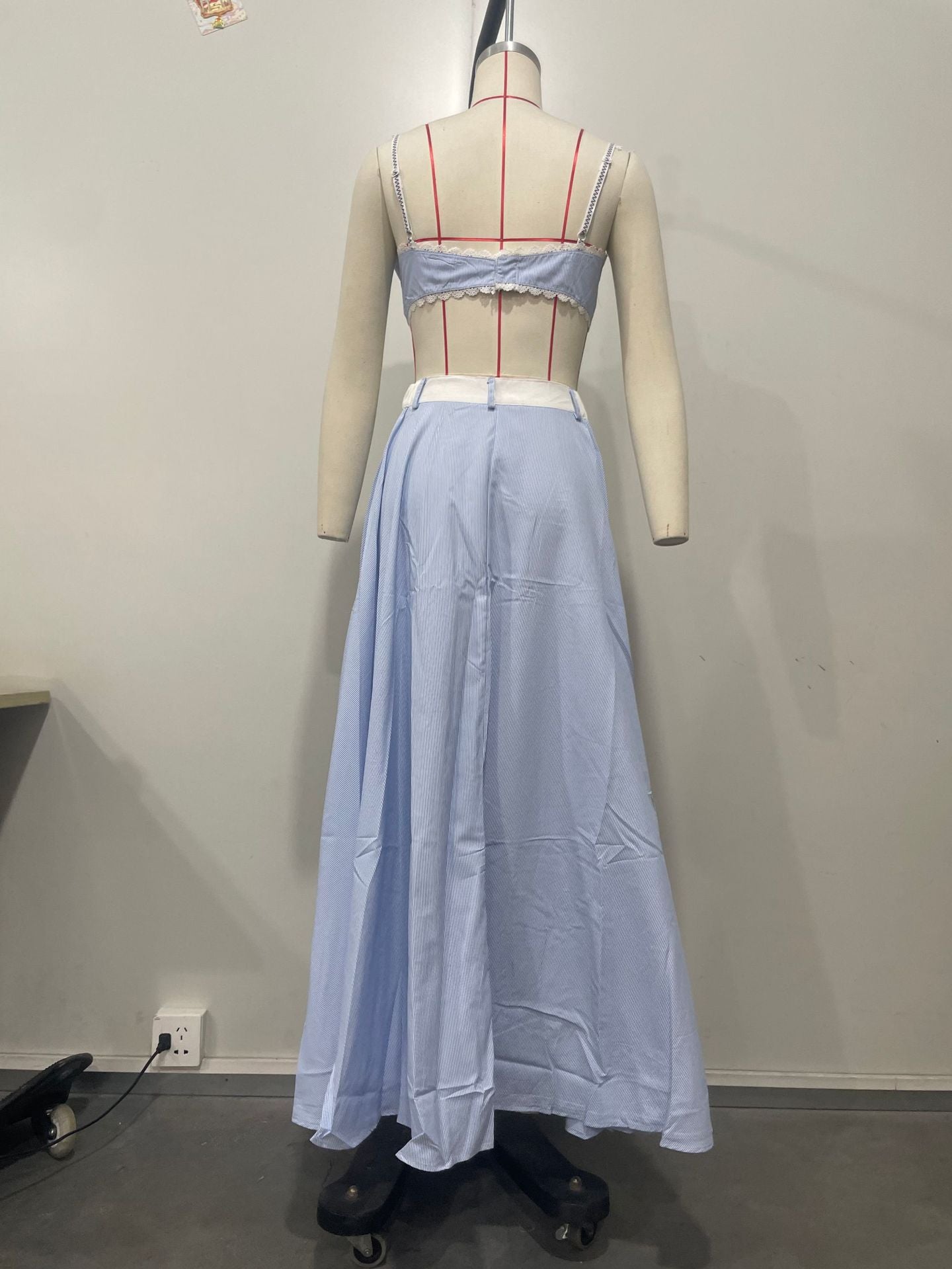 Women's Summer Pinstripe 2-Piece Set – Lace-Trim Bustier Crop Top & High-Waist Maxi Skirt