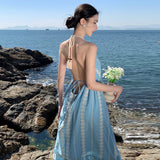 Elegant Blue Spaghetti Strap Maxi Dress