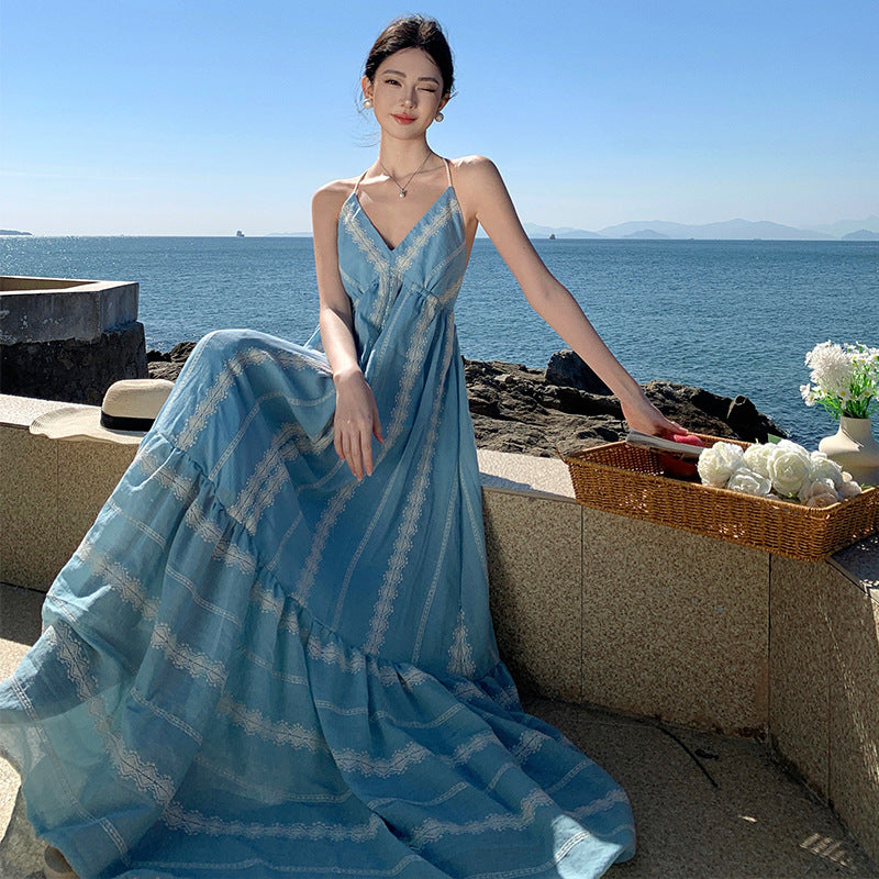 Elegant Blue Spaghetti Strap Maxi Dress