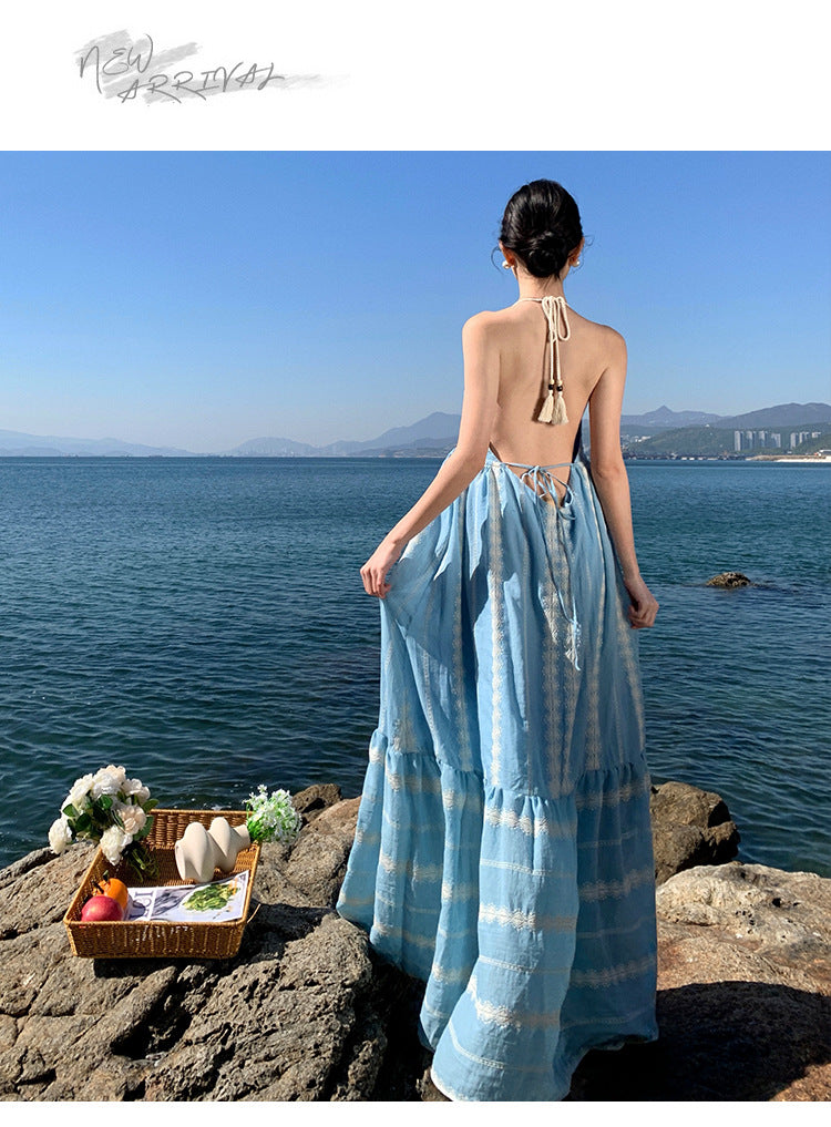 Elegant Blue Spaghetti Strap Maxi Dress