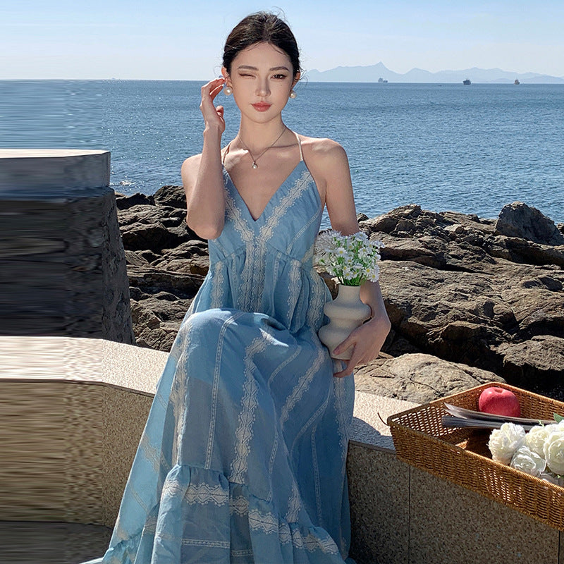 Elegant Blue Spaghetti Strap Maxi Dress
