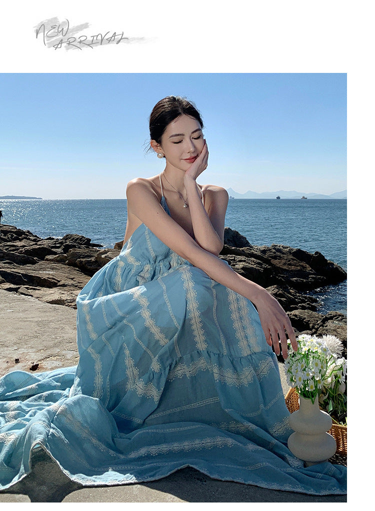 Elegant Blue Spaghetti Strap Maxi Dress