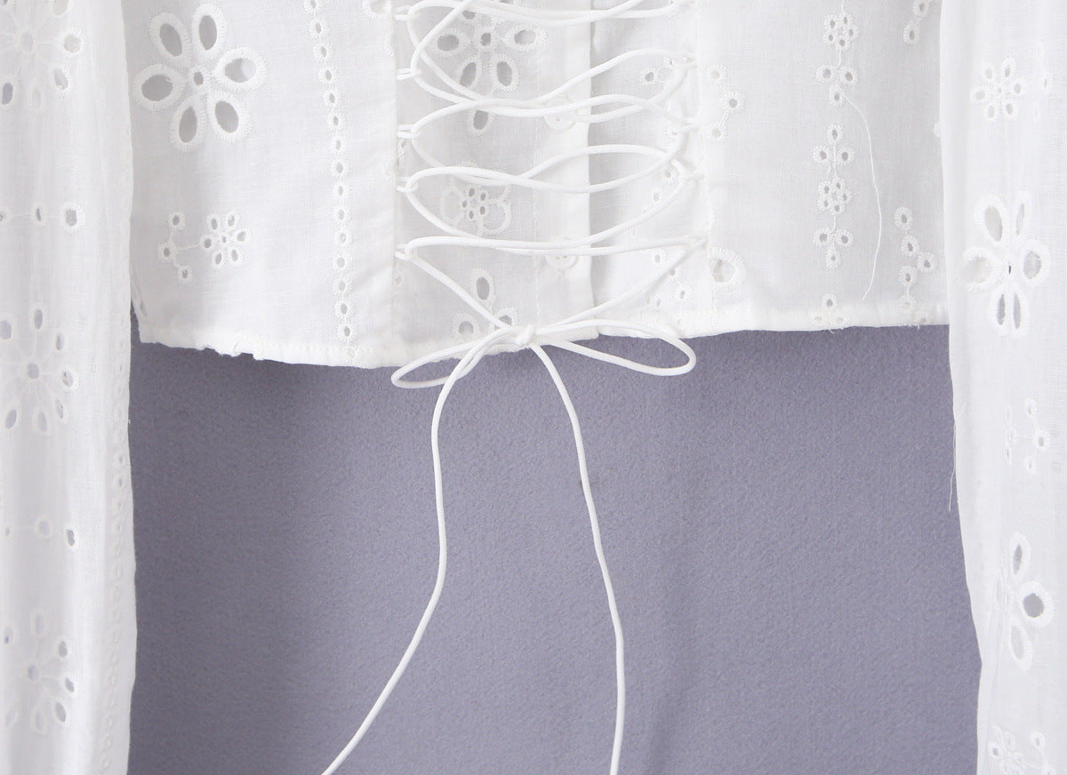 Vintage White Eyelet Lace Crop Top – Puff Sleeve Lace-Up Corset Blouse