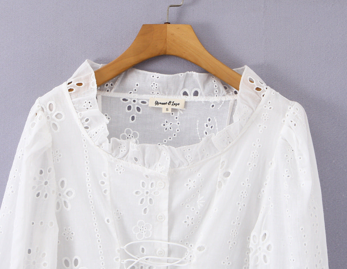 Vintage White Eyelet Lace Crop Top – Puff Sleeve Lace-Up Corset Blouse