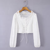 Vintage White Eyelet Lace Crop Top – Puff Sleeve Lace-Up Corset Blouse