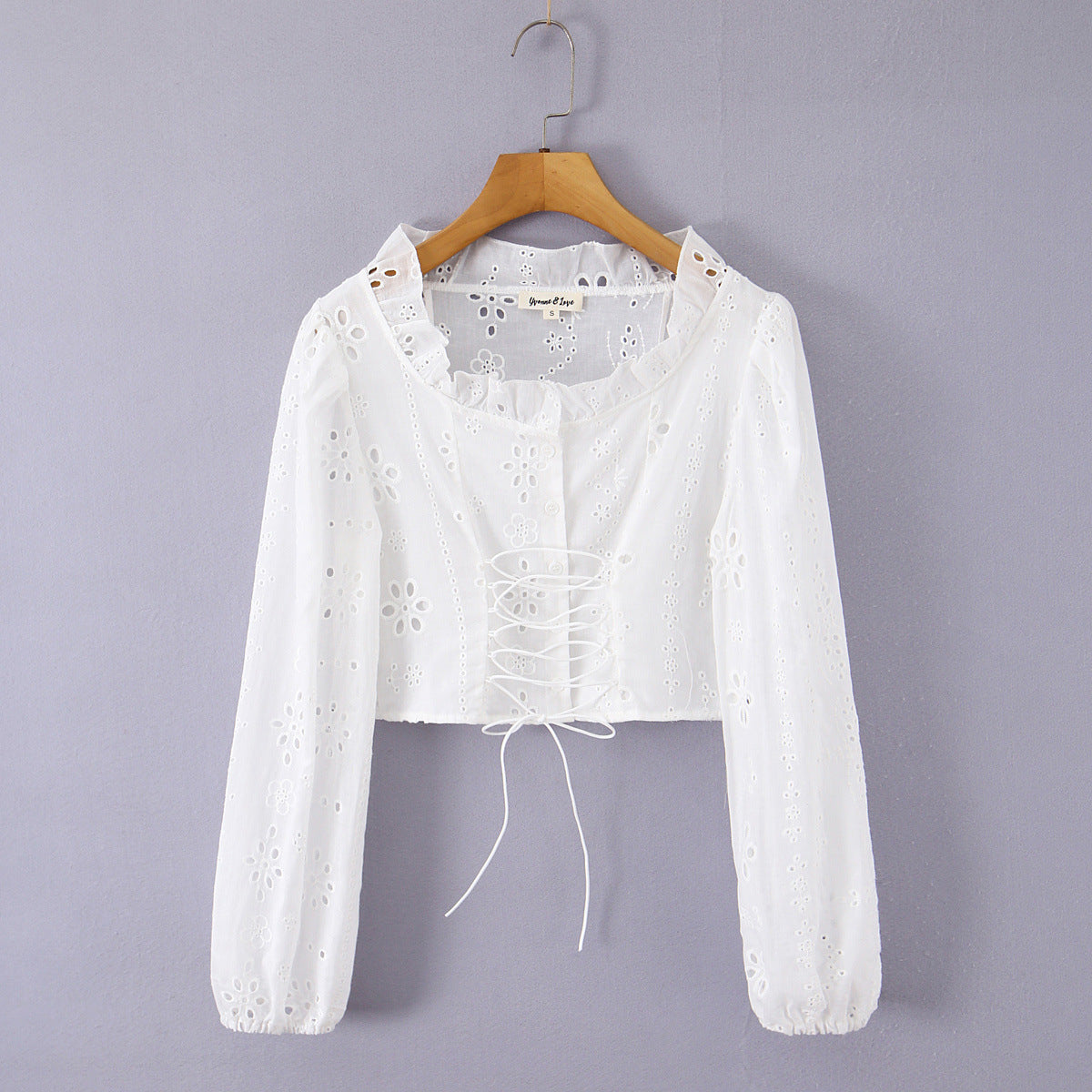Vintage White Eyelet Lace Crop Top – Puff Sleeve Lace-Up Corset Blouse