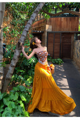 Women's Boho Two-Piece Maxi Set – Strapless Printed Scarf Top & Tiered Yellow Maxi Skirt