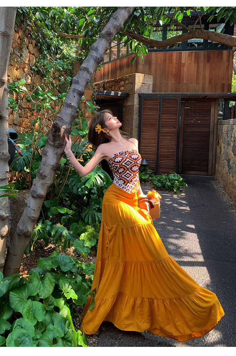 Women's Boho Two-Piece Maxi Set – Strapless Printed Scarf Top & Tiered Yellow Maxi Skirt