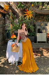 Women's Boho Two-Piece Maxi Set – Strapless Printed Scarf Top & Tiered Yellow Maxi Skirt