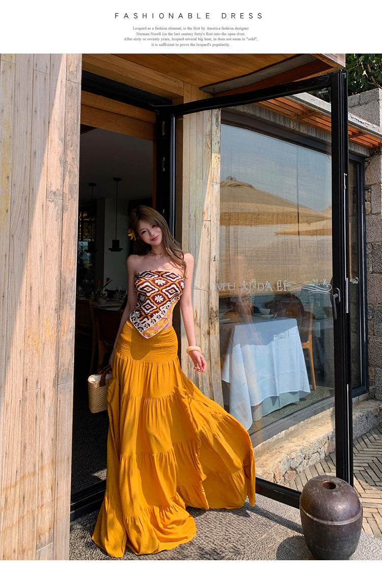 Women's Boho Two-Piece Maxi Set – Strapless Printed Scarf Top & Tiered Yellow Maxi Skirt