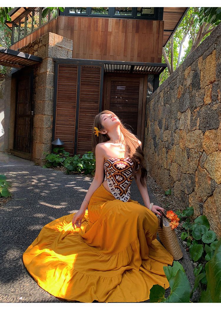 Women's Boho Two-Piece Maxi Set – Strapless Printed Scarf Top & Tiered Yellow Maxi Skirt