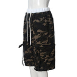Casual Camouflage Print Cargo Shorts – High-Waist Drawstring Shorts with Pockets