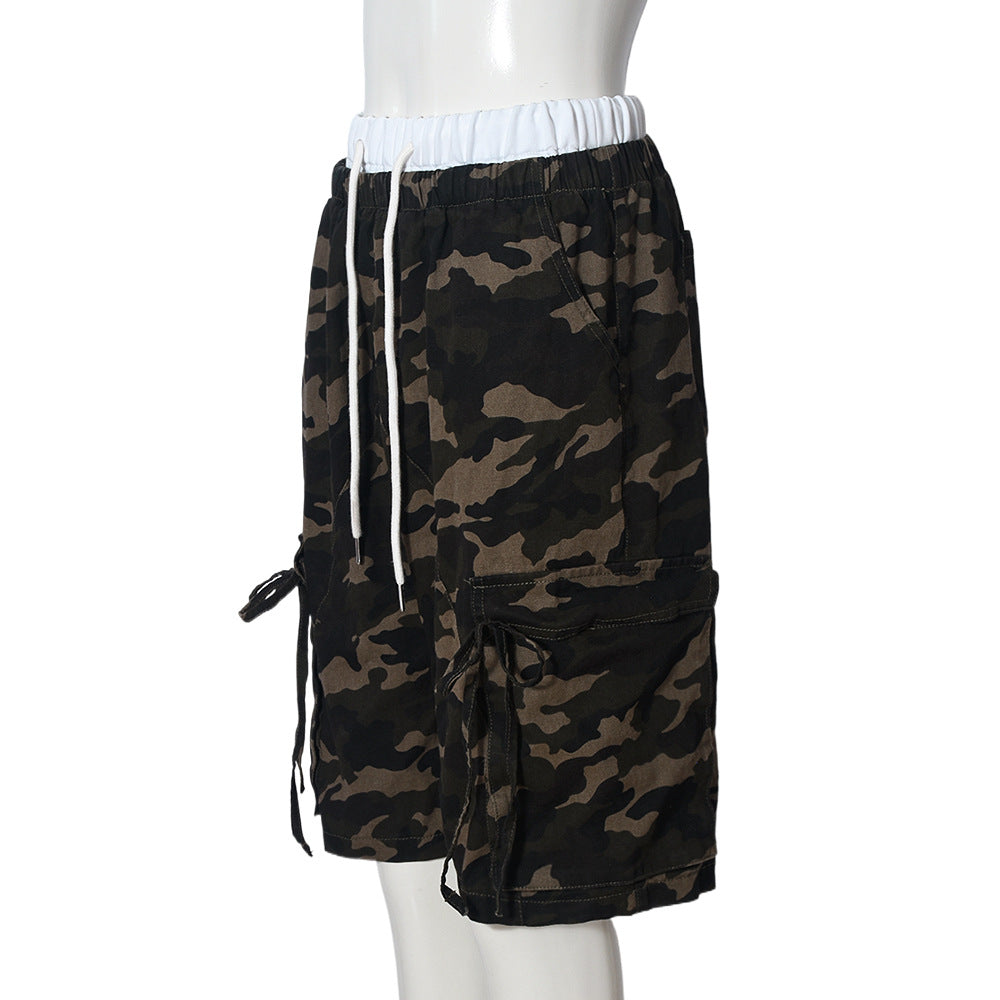 Casual Camouflage Print Cargo Shorts – High-Waist Drawstring Shorts with Pockets