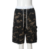 Casual Camouflage Print Cargo Shorts – High-Waist Drawstring Shorts with Pockets