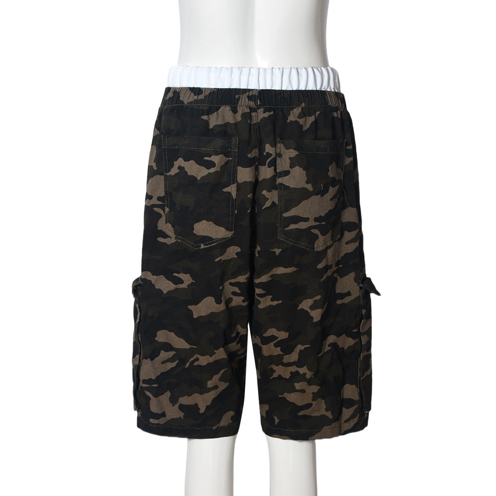 Casual Camouflage Print Cargo Shorts – High-Waist Drawstring Shorts with Pockets