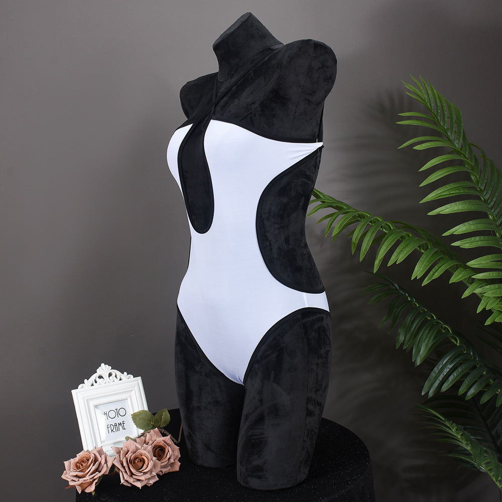 Sexy Contrast Binding Cut-Out Monokini – High-Cut Halter One-Piece Swimsuit