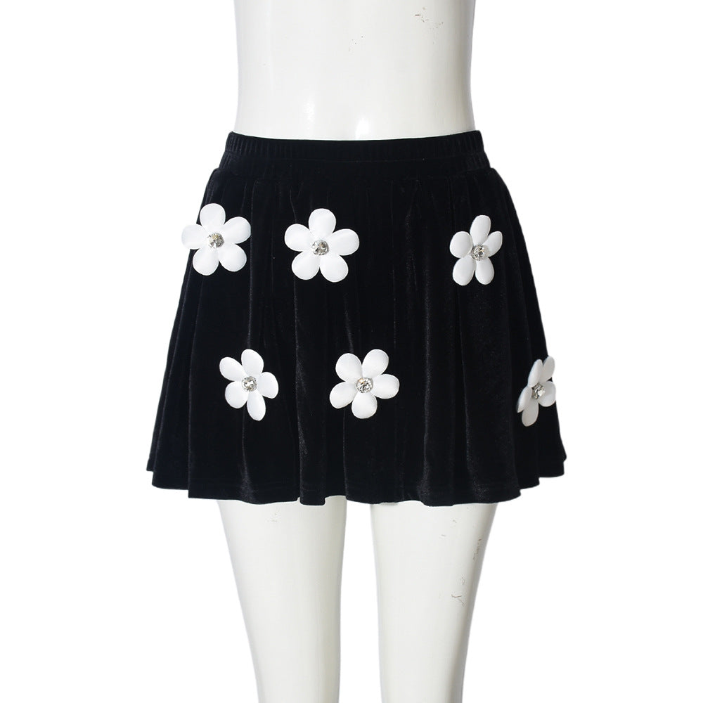 Cute 3D Flower Appliqué Velvet Mini Skirt