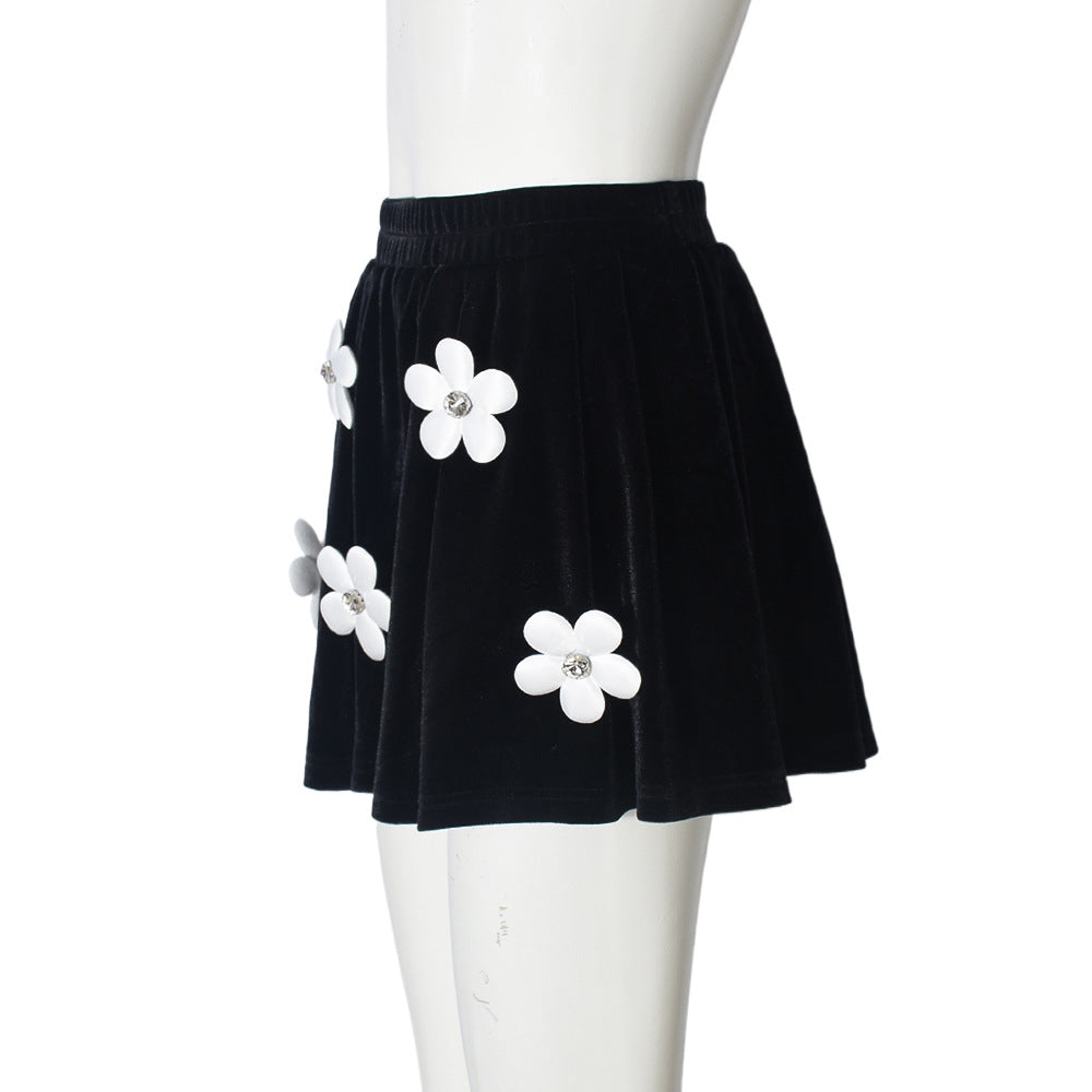 Cute 3D Flower Appliqué Velvet Mini Skirt