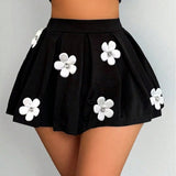 Cute 3D Flower Appliqué Velvet Mini Skirt