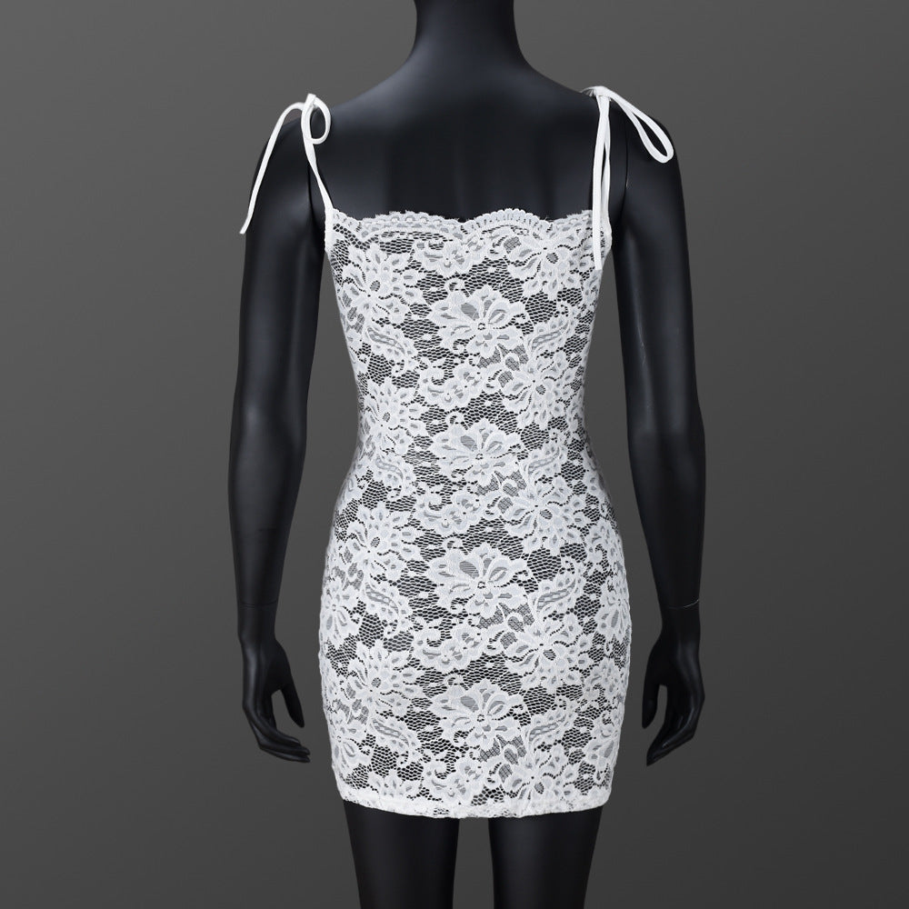 Romantic Sheer Floral Lace Mini Dress - Sleeveless Tie-Strap
