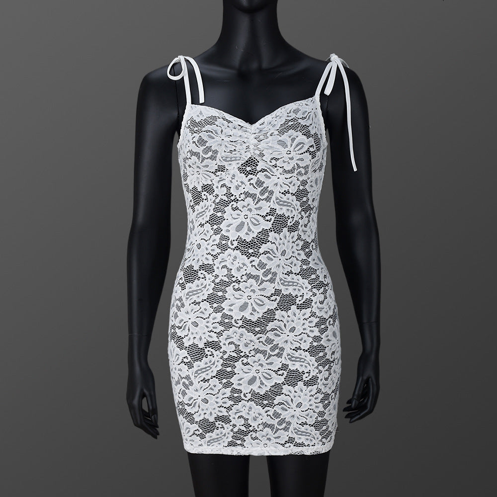 Romantic Sheer Floral Lace Mini Dress - Sleeveless Tie-Strap