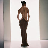 Brown Halter Slit Maxi Dress