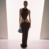 Brown Halter Slit Maxi Dress